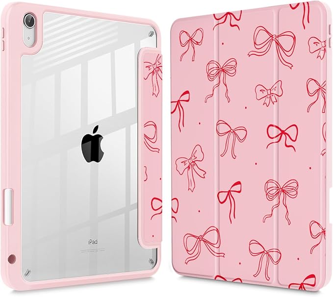 Case for iPad 11 inch A16 2025 Generation 11th / iPad 10.9 inch 2022 10th Gen Buit in Pencil Holder with Shockproof Cover Clear Transparent Back Shell Auto Wake/Sleep Pink Bows