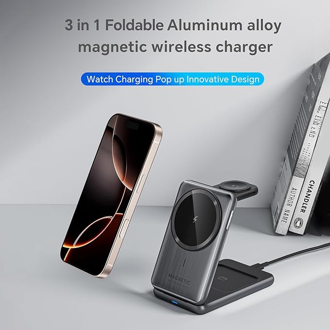 3 in 1 Charging Station for iPhone Wireless Charger Stand15W Fast MagSafe Charger for iPhone 17 16 15 14 13 12 Series-Apple Watch 11 10 9 8 7 6 5 4 3 2 SE and Ultra Series-Airpods 4 3 2 Pro