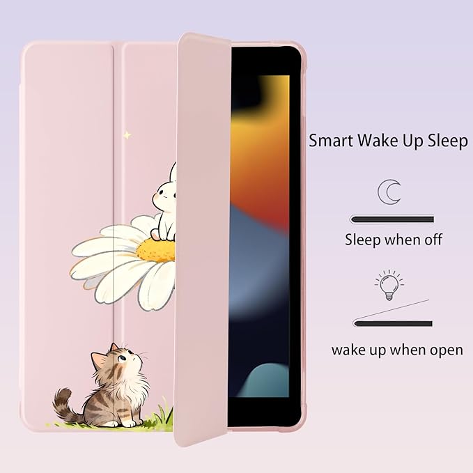 Cue Kitten Cat Bunny Flower for iPad (A16) 11th Generation Case 11 Inch 2025 for iPad 10th Gen Case 10.9 Inch 2022 with Pencil Holder Auto Sleep/Wake Pink Leather Soft TPU Back Cover