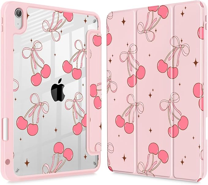 May Chen for iPad (A16) 11th Generation Case 11 Inch 2025 iPad 10th Gen Case 2022 10.9 inch Built-in Pencil Holder with Shockproof Cover Clear Back Shell Auto Wake/Sleep Pink Cherry Bow