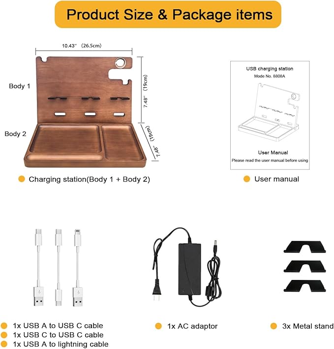 Wood Phone Docking Station Nightstand Organizer Charging Station with QC 3.0 &amp PD22.5W USB C Charger Fast Charging for iPhone Samsung Android Watch Airpod Anniversary Birthday Gifts for Men
