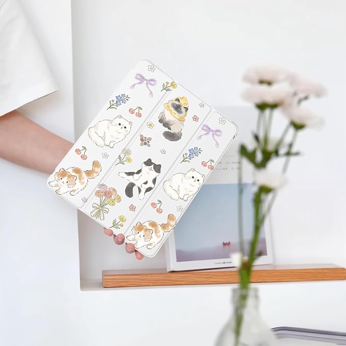 Cue Kawaii Kitten Cat Flower for iPad Air 13 Inch Case M3 2025/M2 2024 with Pencil Holder Auto Sleep/Wake White Leather Soft TPU Back Cover