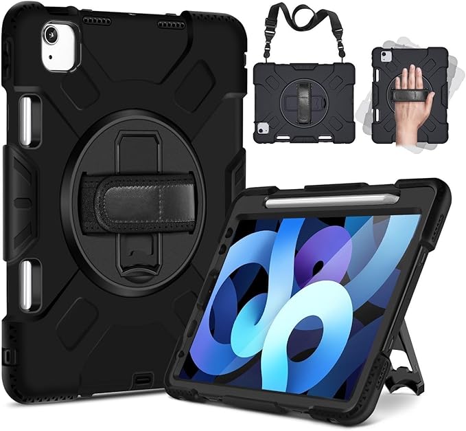 TNP Protective Case for iPad Air 6th M2 2024 11 Inch 5th 4th Gen 10.9 inch and iPad Pro 4th 3rd 2nd Generation (2022 2021 2020 2018) w/Pencil Holder Handle Stand &amp Shoulder Strap Black