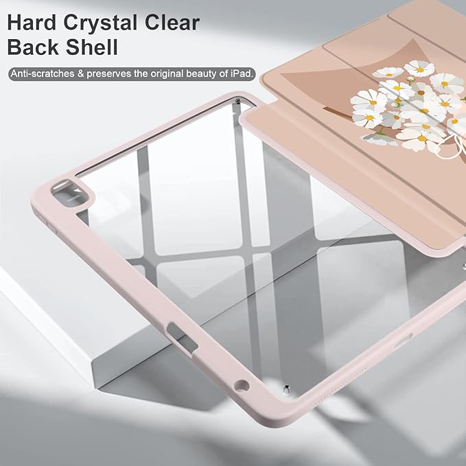 Batianda Hybrid Case for iPad Air 2022 (5th Generation M1 Chip) / iPad Air 4th 2020 10.9 inch [Built-in Pencil Holder] Shockproof Cover with Clear Transparent Back Shell TPU BumperBouquet