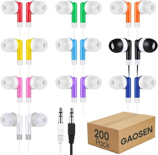 Bulk Kids Earbuds 200 Pack for Classroom School StudentMulti Colored Wired in Ear HeadphonesWholesale 3.5mm Earphones for Chromebook Laptop PCIndividually Bagged(GS01 200 Mixed)