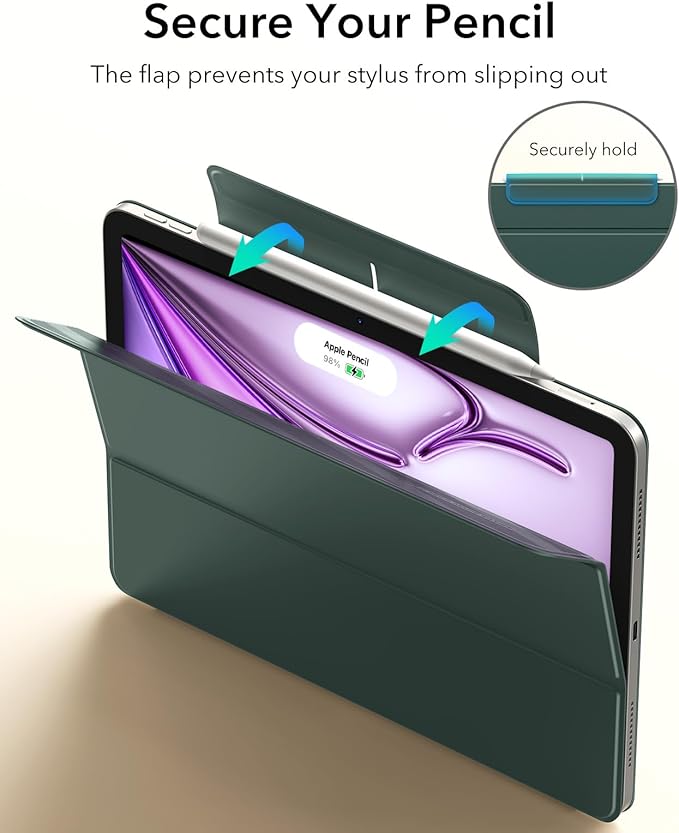 ESR for iPad Air 13 Inch Case M4/M3/M2 (2026/2025/2024) iPad Pro 12.9 Case Powerful Magnetic Attachment Slim Trifold Stand Case Supports Pencil Pro &amp Pencil (USB-C) Rebound Series Green