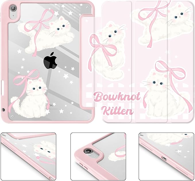 May Chen for iPad Air 11-inch M4/M3/M2 (2026/2025/2024) iPad Air 5th/4th 10.9 Inch - Shockproof Cover with Clear Back Shell &amp Penceil Holder Auto Wake/Sleep Stand Cover Bowknot Kitten