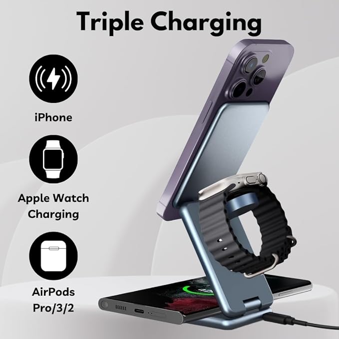 3 in 1 Nightstand Wireless Charger Compatible with iPhone AirPod and Apple Watch Ultra 3 2 1 - Fast Wireless Charger Compatible with MagSafe and Night Stand Mode