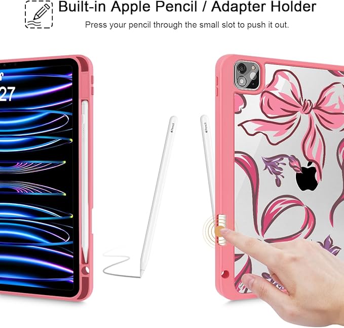 Mektron Case for iPad Pro 11 inch (4th 3rd 2nd &amp 1st Gen) 2022 2021 2020 2018 Buit in Pencil Holder with Shockproof Cover Clear Shell + Auto Wake/Sleep Flowers-Bows-Red
