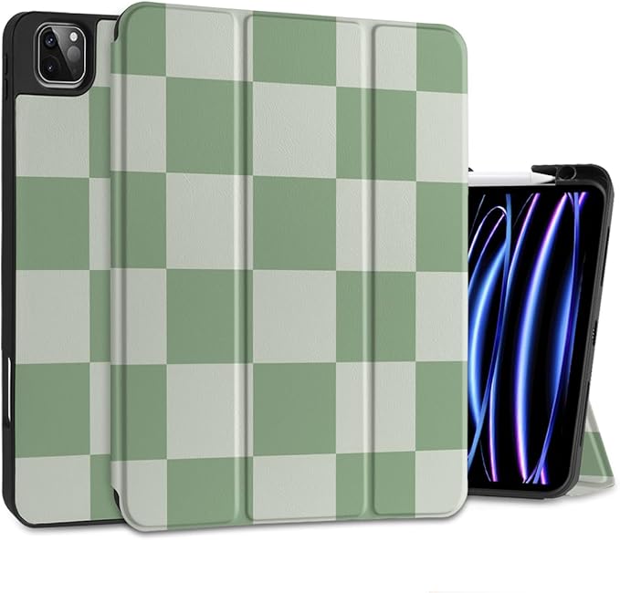 MEEgoodo for iPad Pro 12.9 Case M2 6th/5th/4th/3rd Generation 2022 2021 2020 2018 with Pencil Holder Tablet Cover with Soft TPU Back Shell Green Checkered
