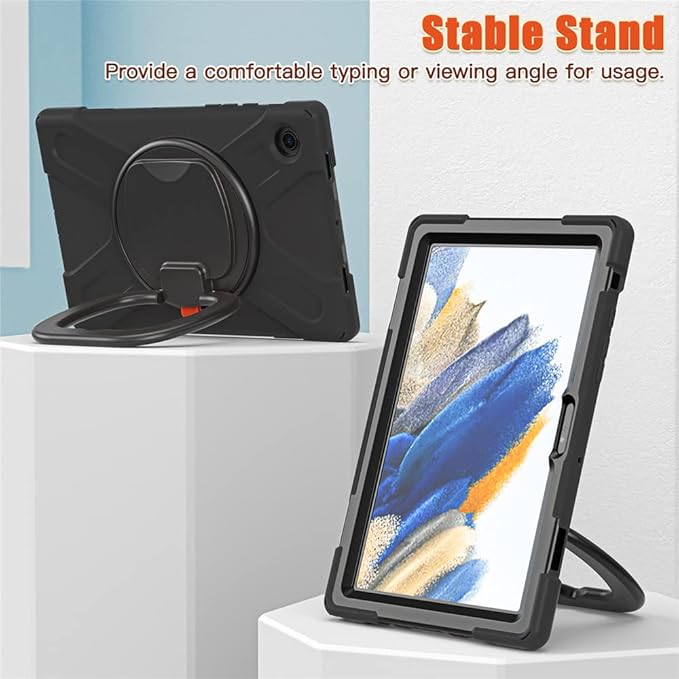 360 Rotation Case for Galaxy Tab A8 10.5 Sturdy Cover Rotate Ring Stand Shoulder Carrying Strap Hand Strap Rugged Children Adults Outdoor Case Black