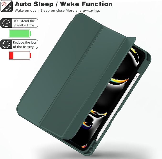 ZryXal New iPad Pro 13 Inch Case (M5) 2025 / (M4) 2024 with Pencil Holder Smart iPad Case [Support Pencil Pro and Pencil (USB-C)] Support Touch ID and Auto Wake/Sleep (Midnight Green)