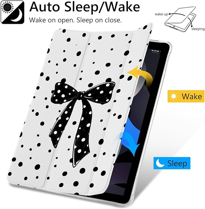 JOYLAND Black Polka Dot Bowknot Case for iPad Air 11 M3(2025)/M2(2024) iPad Air 5th(2022)/4th (2020) Gen 10.9 Pencil Holder &amp Clear Transparent Back &amp Trifold Smart Tablet Cover for Girls