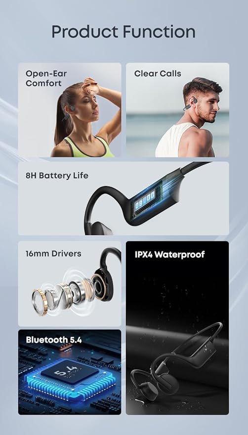Bone Conduction Headphones Wireless Bluetooth Open- Ear Sport Headphones Quick Charging Long battery Life Upgrade Sweat Proof Earphone for Running Cycling Walking Workout Gift. Includes Case