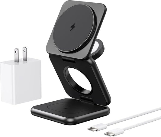 3 in 1 Charging Station for Apple Multiple Devices Zinc Alloy Foldable Travel Wireless Charging pad for Mag-Safe Wireless Charger Stand for iPhone 17 16 15 14 13 12 Apple Watch Airpods