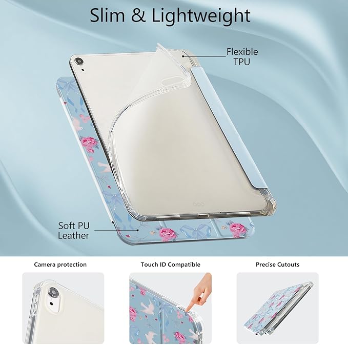 MAYCARICute Bow Floral Case for 10.9 Inch Ipad Air 4/Air 5 Kawaii Flowers Bowknot Cover for Ipad Cartoon Bird Animal Case(2020/2022) Shockproof Auto Sleep/Wake Cover with Pencil Holder Girls Women