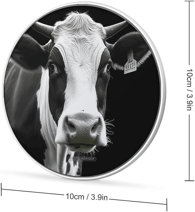 Animal Funny Cow Head Black White Wireless Charger Fast Wireless Charging Pad with USB Cable 10W Anti-Slip Magnetic Wireless Charger Portable Slim Charger Puck Travel Charging Station