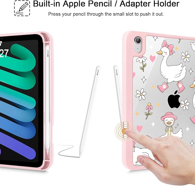 May Chen Slim Case for iPad mini 7 (A17 Pro 7th Generation) 2024 / iPad mini 6 (6th Gen) 8.3 Inch [Built-in Pencil Holder] Shockproof Cover Clear Clear Back Shell Auto Wake/Sleep Cute Goose Spring