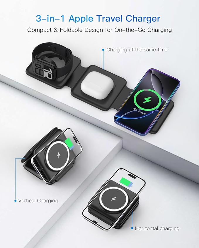Magnetic Wireless Charger for iPhone: Fodable 3 in 1 Charging Station for Multiple Apple Devices - Travel Charging Pad Dock for Apple Watch iPhone 16 15 14 13 12 Pro Max Plus &amp Airpod