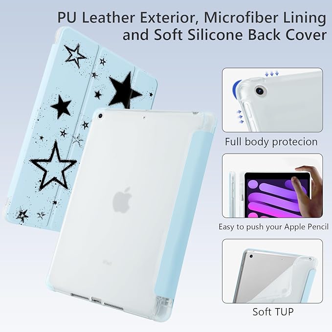 Cute Y2K Black Star for iPad Pro 11 Inch Case (M5/M4) 2025/2024 with Pencil Holder Auto Sleep/Wake Blue Leather Soft TPU Back Cover