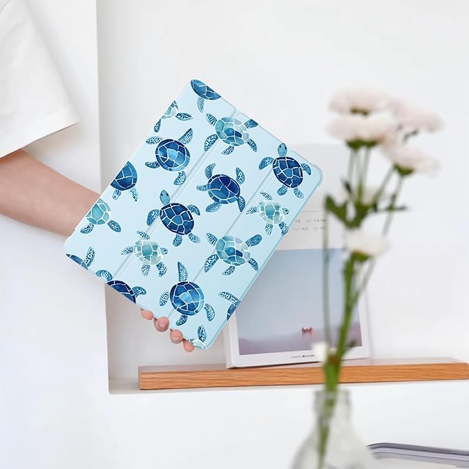 Cute Blue Sea Turtle for iPad Pro 11 Inch Case 4th/3rd/2nd Generation 2022/2021/2020 with Pencil Holder Auto Sleep/Wake Blue Leather Soft TPU Back Cover