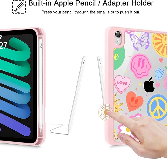 May Chen Hybrid Slim Case for iPad mini 7 (A17 Pro 7th Generation) 2024 / iPad mini 6 (6th Gen) 8.3 Inch [Built-in Pencil Holder] Shockproof Cover Clear Clear Back Shell Auto Wake/Sleep Smile Art