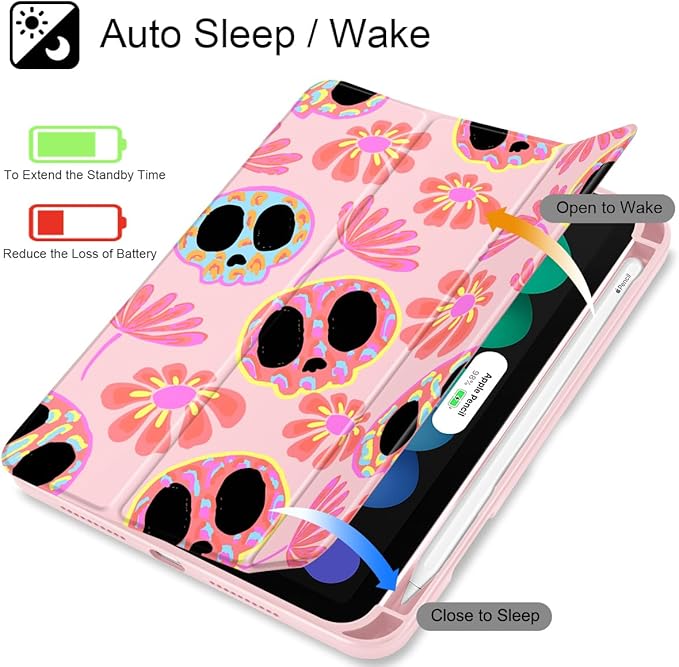 Mektron Printed Case for iPad mini 7 (A17 Pro) 2024/ Mini 6 2021 iPad mini 7th/6th Generation 8.3-inch Liquid Retina Display Cover Buit in Pencil Holder with Clear Back Shell Skull &amp Flowers Pi