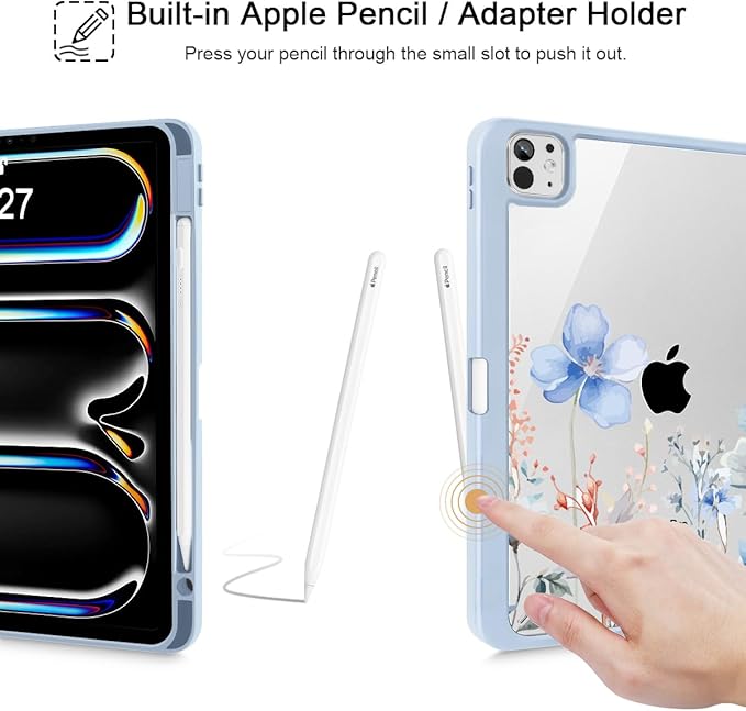 May Chen Case for iPad Pro 11-Inch M5/M4 2025/2024 (6th/5th Generation) Clear Transparent Print Back Shell Slim Stand Shockproof Tablet Cover Auto Wake/Sleep Blue Flowers