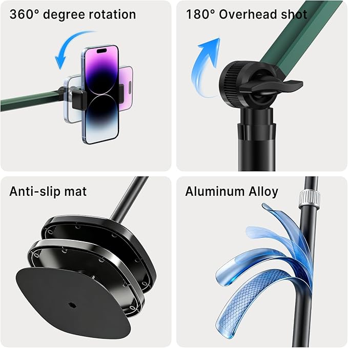 Magnetic Overhead Phone Mount Cell Phone Stand for Video Recording 360 Degrees Swivel Tilt Adjustable Floor Camera Filming Tripod. Content Creator Phone Holder for iPhone/Android (L11-CX)