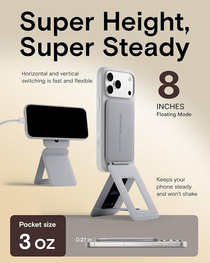 MOFT Phone Stand Magnetic Phone Tripod Stand Stain-Resistant MOVAS Leather &amp Angle Adjustment &amp Strong Magnets Tripod for iPhone 17/16/15/14/13/12 (Included Metal Ring)-Cement