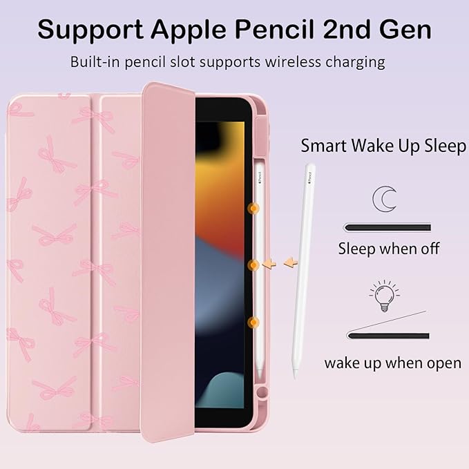 Cute Kawaii Pink Bow for iPad Pro 13 Inch Case (M5/M4) 2025/2024 with Pencil Holder Auto Sleep/Wake Pink Leather Clear Acrylic Back Cover