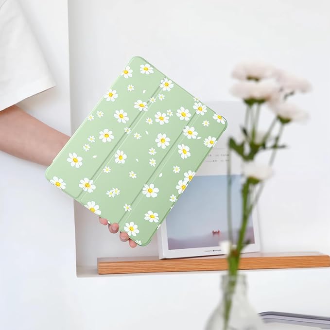 Cute Floral Flower for iPad mini 7 A17 Pro 2024/iPad Mini 6 Case with Pencil Holder Auto Sleep/Wake Green Leather Soft TPU Back Cover