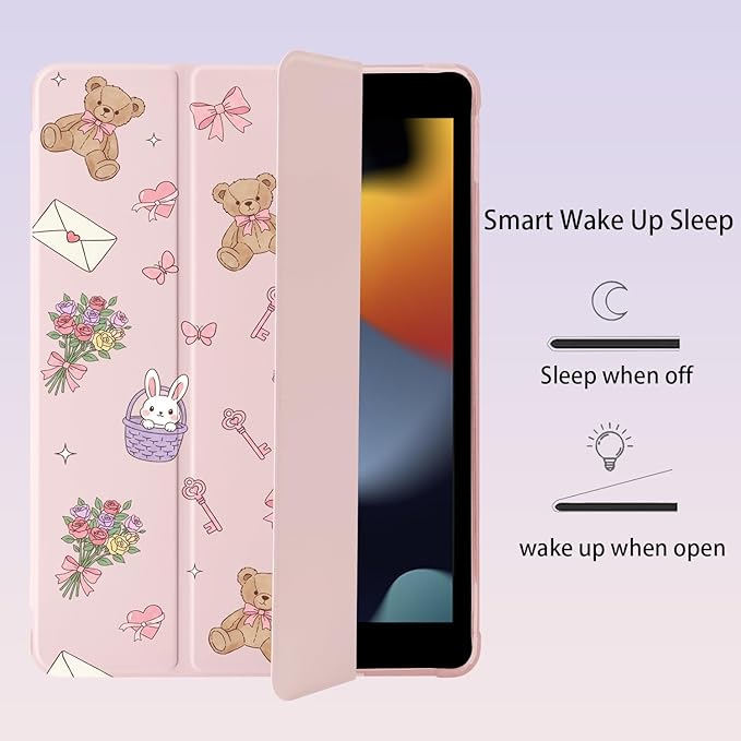 Cute Kawaii Bear Bow for iPad mini 7 A17 Pro 2024/iPad Mini 6 Case with Pencil Holder Auto Sleep/Wake Pink Leather Soft TPU Back Cover