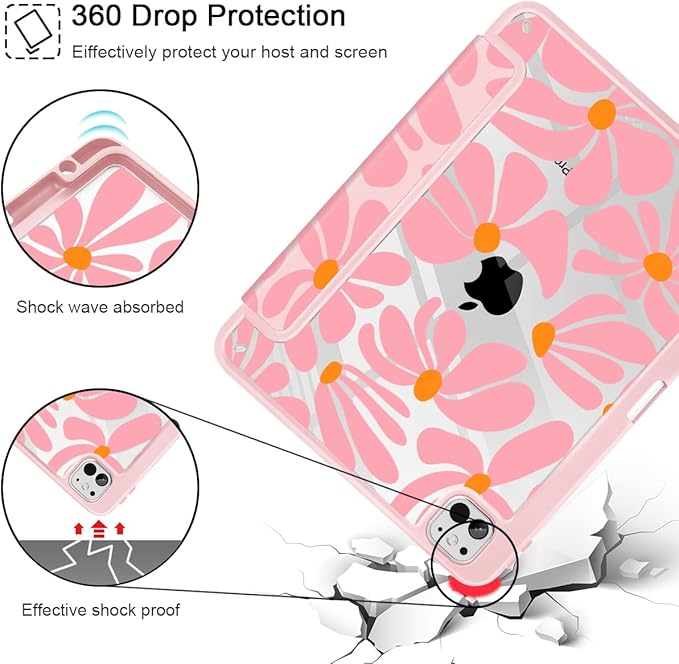May Chen Case for iPad Pro 11-Inch M5/M4 2025/2024 (6th/5th Generation) Clear Transparent Print Back Shell Slim Stand Shockproof Tablet Cover Auto Wake/Sleep Groovy Flower