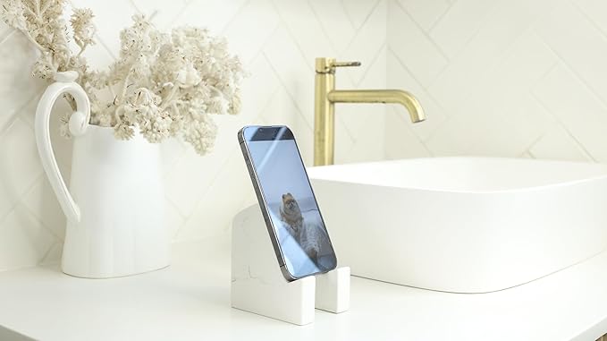 FLOWMAR Marble Phone Stand for Desk – Heavy Quartz Cell Phone Holder Luxury White Marble Phone &amp Tablet Stand Stable iPhone Stand for Desk Case Friendly Charging Compatible