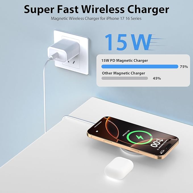Magnetic Wireless Charger [Apple MFi Certified] 3.3FT 15W Fast Apple Mag-Safe Charger Pad with USB C Fast Charging Block Compatible with iPhone 17/Air/Pro/Pro Max/16/15/14/13/Plus/Pro/Pro MaxAirPods