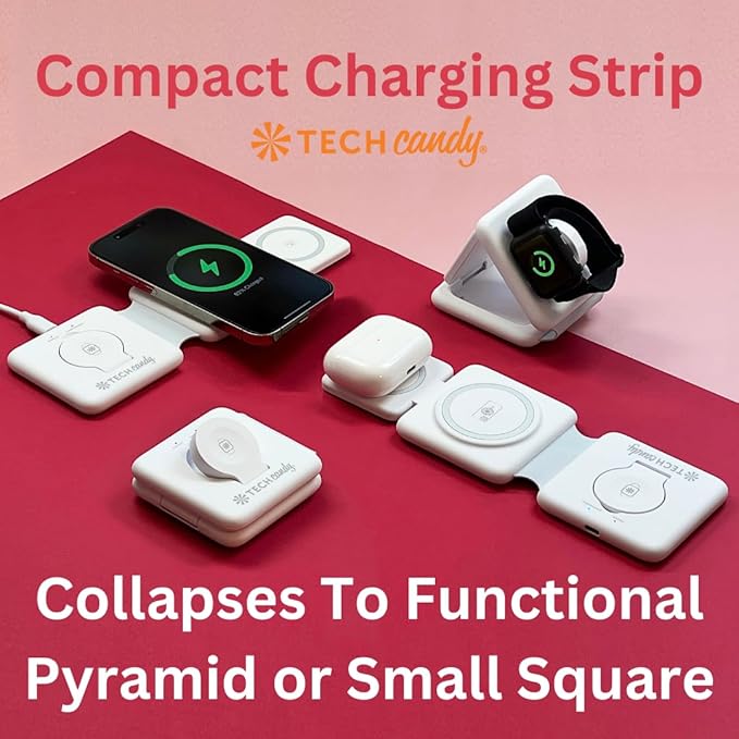 Tech Candy The Three Way Charging Valet Wireless Charging Pad - Charge 3 Devices at Once Compact Qi Charger for Travel Foldable 20W Fast for Phones Ear Buds Smart Watches