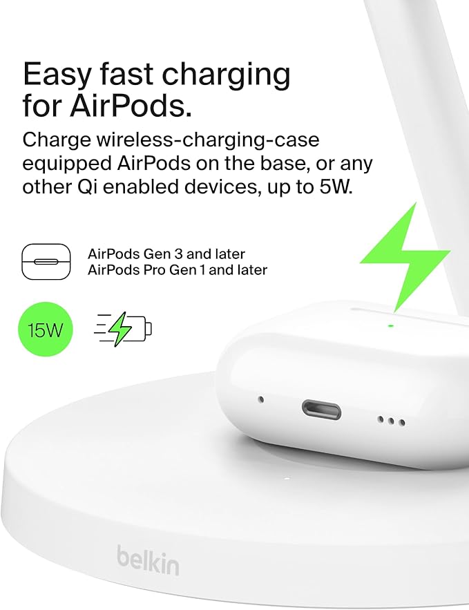 Belkin MagSafe-Compatible Charger 3-in-1 Wireless Charging Station Qi2-Certified 15W Wireless Charge for Apple iPhone 17 Series Apple Watch AirPods w/Non-Slip Base 40W Included - Black