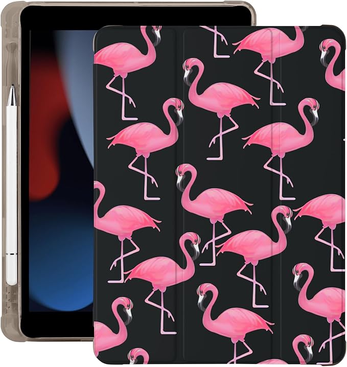 Cute Kawaii Flamingo for iPad 5th/6th Generation Case with Pencil Holder Auto Sleep/Wake Black Leather Soft TPU Back Cover for iPad 9.7 Inch