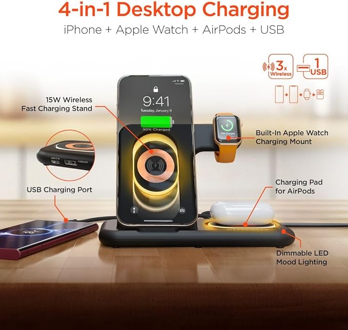 HyperGear 4-in-1 Foldable Wireless Charger iPhone Charging Stations for Multiple Devices Portable 15W Magnetic iPhone Charger Stand Dock with Extra 5W USB Port Apple Watch and AirPods Compatible