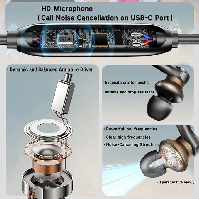 Wired Earbud In Ear Headphones With Mic Noise-canceling CallDeep bass Hi-Fi Noise Cancellation Earbuds Wired Immersive Bass Dual-unit Earphones compatible with iPhone 15 16 17 Pro Max Air Android etc