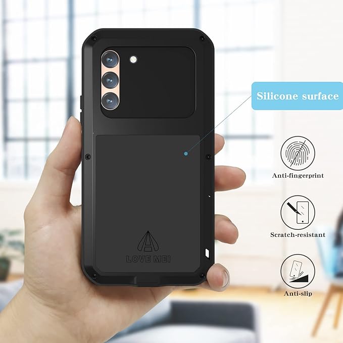 LOVE MEI Military Rugged Case for Samsung Galaxy S22 Plus with Tempered Glass Screen Protector Shockproof Dustproof Scratch Proof Hybrid Metal and Silicone Gel Heavy Duty Full Body Cover Black