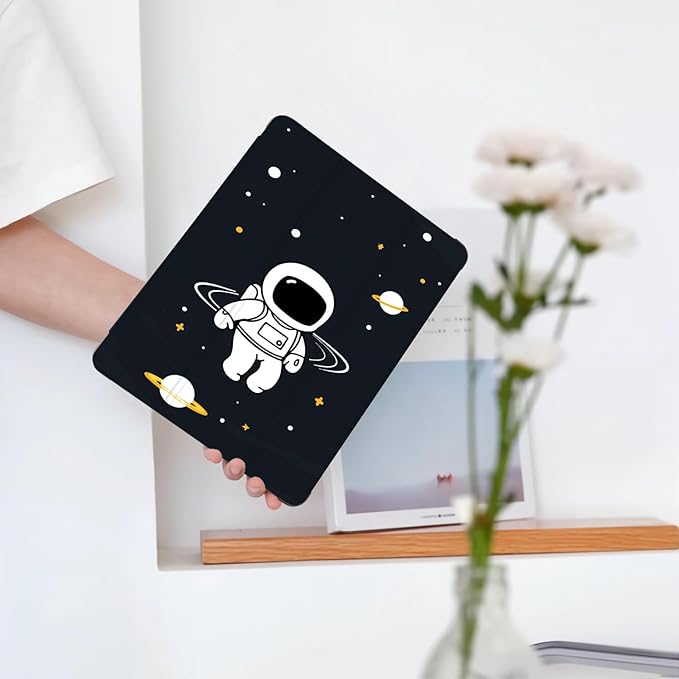 Cute Astronaut Space for iPad Air 13 Inch Case M3 2025/M2 2024 with Pencil Holder Auto Sleep/Wake Black Leather Soft TPU Back Cover