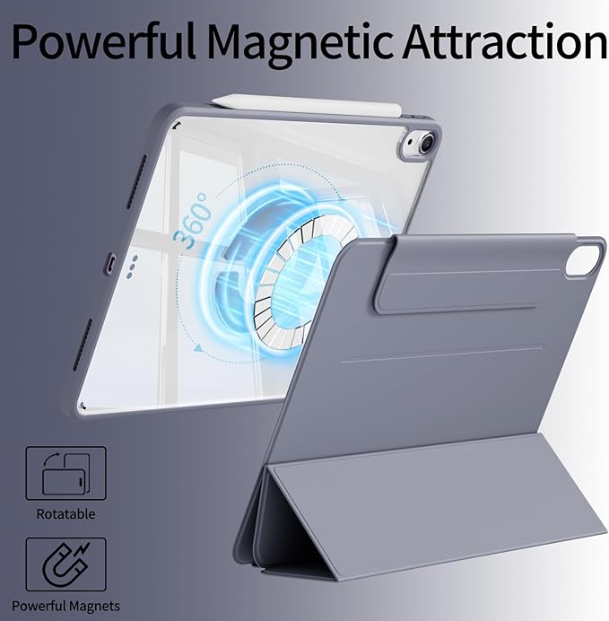Clear Case for iPad A16 11th Generation 11 inch for iPad 10th Generation 10.9 inch with Clasp Detachable Magnetic Rotating Trifold Cover Transparent Hard PC Back Auto Wake/Sleep Purple