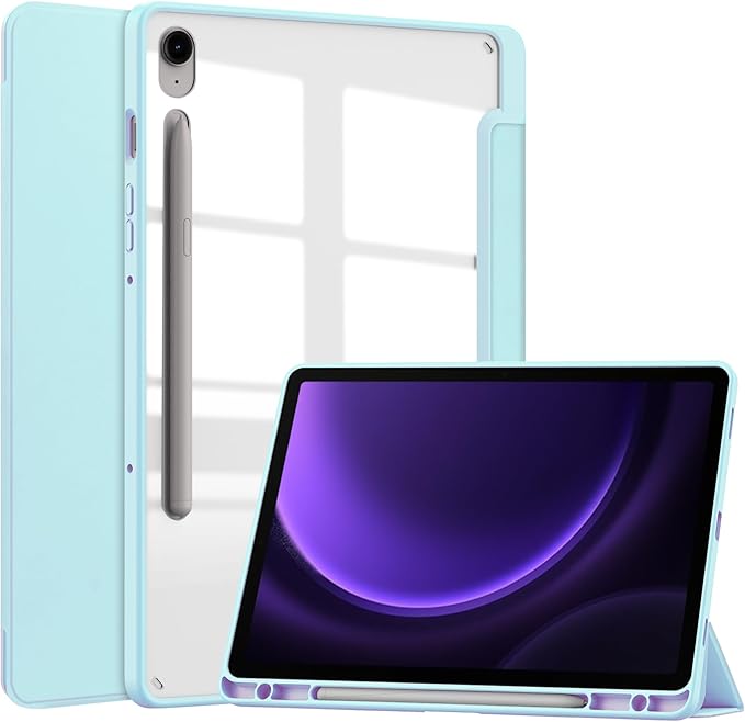 for Samsung Galaxy Tab S10 Lite/ S10 FE/ S9 FE 10.9 Inch Tri-Fold Smart Tablet Case with Pen Holder Shockproof Protective Cover W Transparent Back Shell Auto Wake/SleepSky Blue