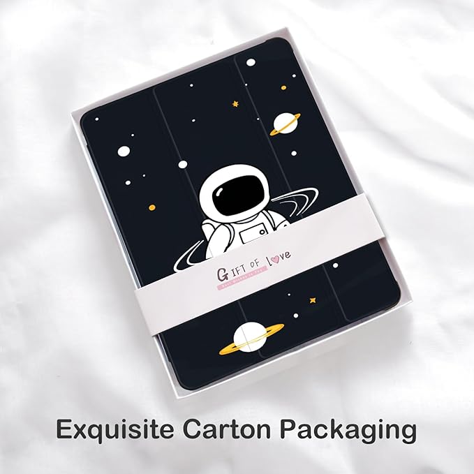 Cute Astronaut Space for iPad Air 13 Inch Case M3 2025/M2 2024 with Pencil Holder Auto Sleep/Wake Black Leather Soft TPU Back Cover