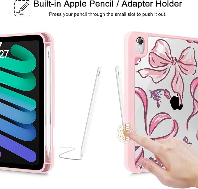 Mektron Printed Case for iPad mini 7 (A17 Pro) 2024/ Mini 6 2021 iPad mini 7th/6th Generation 8.3-inch Liquid Retina Display Cover Buit in Pencil Holder with Clear Back Shell Flowers-Bows-Pink