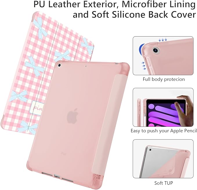 Cute Kawaii Bow Plaid for iPad Pro 13 Inch Case (M5/M4) 2025/2024 with Pencil Holder Auto Sleep/Wake Pink Leather Soft TPU Back Cover