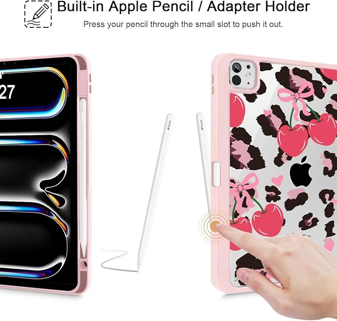 Mektron Case for M5/ M4 iPad Pro 11 inch 2025/2024 with Pencil Holder Compatible Models: A3357/A3358/A3359/A2836/A2837/A3006 Shockproof Cover Clear Shell Cherry &amp Cheetah