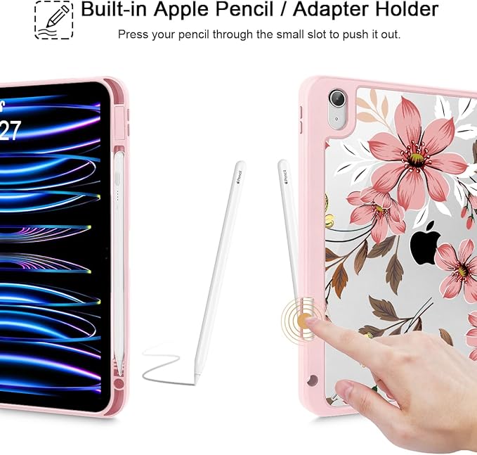 Mektron Case for 2026 iPad Air 13 inch M4 Cover Compatible 2025 iPad Air 13 inch M3 2024 iPad Air 13 inch M2 with Pencil Holder Shockproof Clear Shell Floral C293
